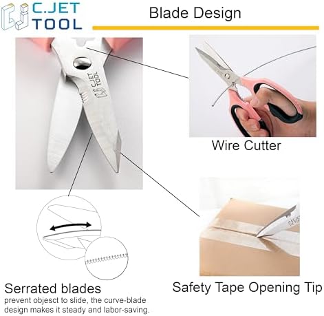 C.JET TOOL 8" Heavy Duty Scissors, Utility Scissors All Purpose for Cardboard, Plastic, Carpet, Rope, Leather. Sharp Stainless Steel Blades, Non‑Slip Handle, Kitchen Shears for Food, Meat & Poultry