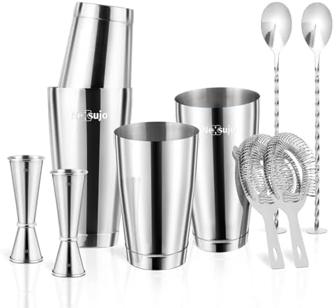 Boston Cocktail Shaker, 8-Piece Professional Shaker Set, Stainless Steel Bar Tools Set with Boston Shaker, Bar Spoon, Jigger, Hawthorne Strainer, Dishwasher Safe, Ideal Bartender Kit for Bar