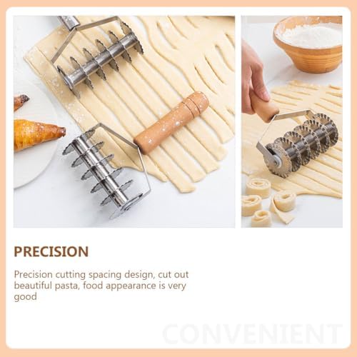 DOITOOL Stainless Steel Dough Lattice Roller Cutter with Wood Handle Noodle Pasta Cutter Wheel Lattice Pastry Tool for Dough Spaghetti Cookie Pie Pizza Bread Crust Roller