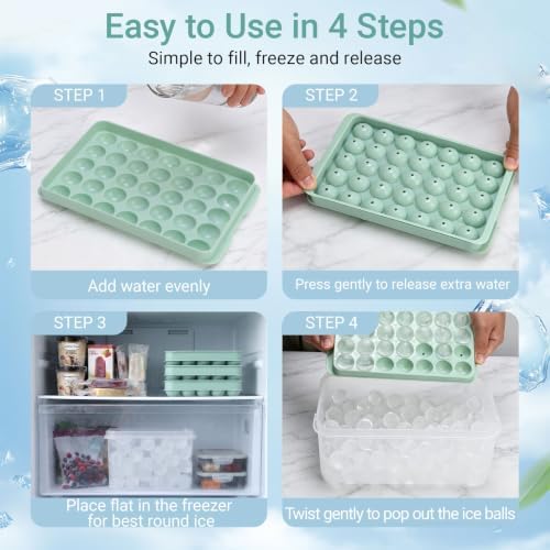 Round Ice Cube Trays with Lid and Bin (3-Pack) - 1.0 Inch Sphere Ice Ball Maker Mold for Freezer, BPA-Free Stackable Ice Cube Trays Makes 105 Ice Balls for Cocktails, Whiskey & Coffee