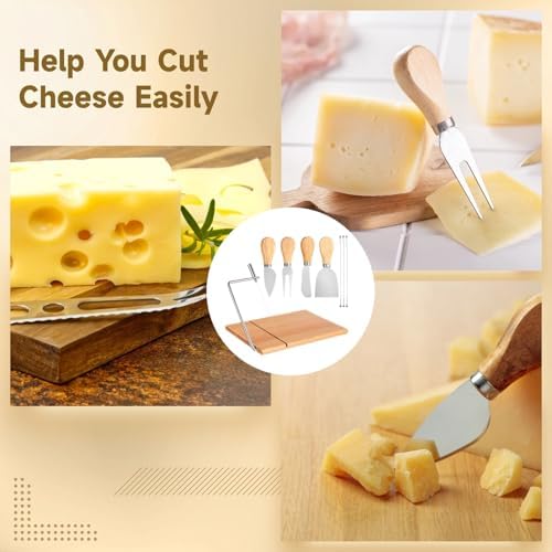 Cheese Slicer with Board, Wood Cheese Cutter Set with Adjustable Tension