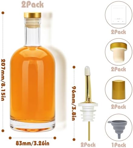 Olive Oil Dispenser Bottle for Kitchen, Clear Glass Oil and Vinegar Dispenser Set, Coffee Syrup Dispenser, Container With Metal Pour Spout, Airtight Lid, Funnel, Waterproof Labels (500ml-s-2 Pack)