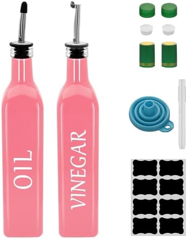 Olive Oil Dispenser Bottle,2 Pcs 17oz 500ml Glass O il and Vinegar Dispenser Set with 2 Stainless Steel Pourers, 8 Labels,Funnel Vinegar Bottles for Kitchen (Pink)