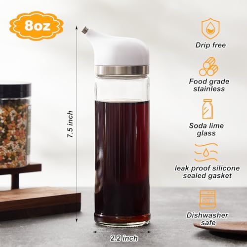 2 Pcs Cruet Dispenser Set 8 oz, White Glass Soy Sauce Dispenser, Small Olive Oil and Vinegar Bottles, Soy Sauce Bottle, Non Drip Spout Cruet Bottle Container for Kitchen Cooking