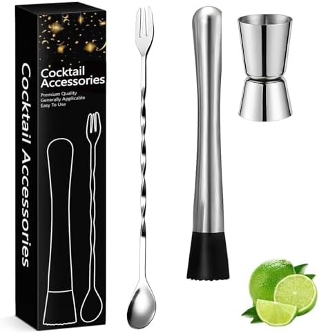 3-Piece Bar Set: Muddler for Cocktails, 8” Cocktail Muddler & Bar Accessories Kit with 10” Mixing Spoon and Jigger | Stainless Steel Bartender Tools for Mojitos Fruit Drinks