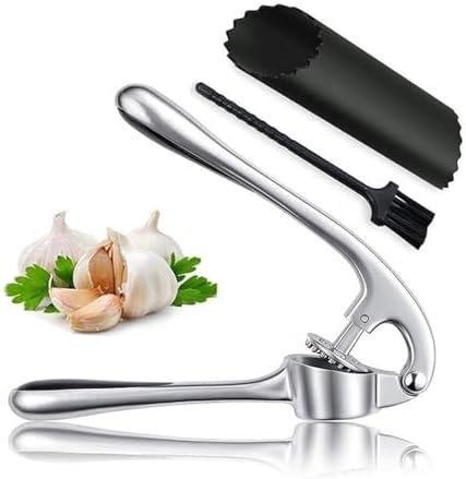 OCHI Premium Garlic Press Set – Rust-Proof Stainless Steel Mincer with Ergonomic Handle, Dishwasher Safe – Includes Silicone Peeler & Cleaning Brush (Silver)