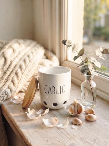 Ceramic Garlic Saver Container with Wood Lid (White)