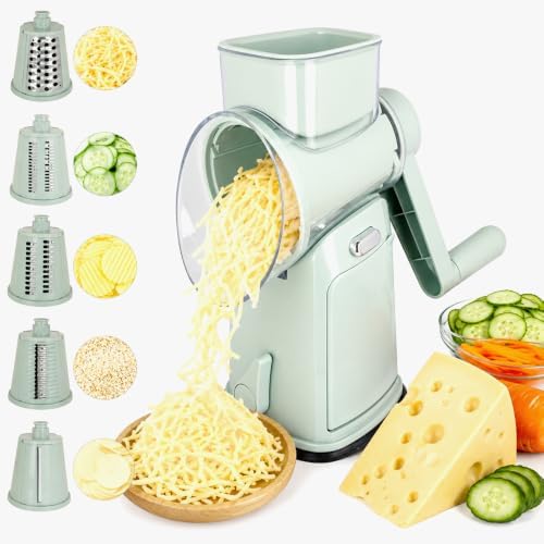 Rotary Cheese Grater Hand Crank, 5-Blade Shredder with Handle, Vegetable Slicer Mandoline Food Chopper, Strong Suction Base Kitchen Gadget for Cheese Vegetables Nuts – Green