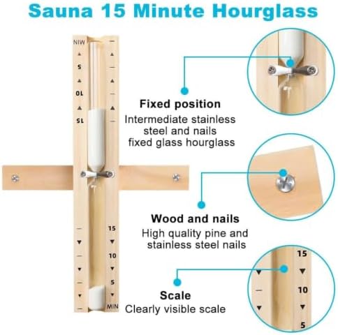 Sauna Hourglass Sand Timer 15 Minute, Heat Resistant 15 Min Wood White Clock, Sand Watch, Rotating Large Reloj De Arena, Wooden Hour Glass Sandglass for Sauna Room