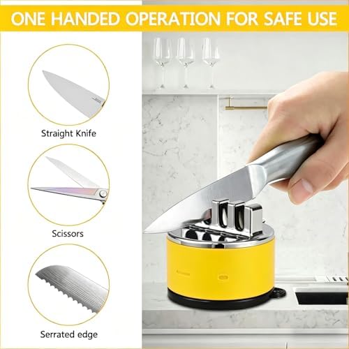 VIRO Compact Suction Kitchen Chef Knife Scissors Sharpener for Straight & Serrated Knives,4-Stage Knife Sharpening Tool Helps Repair and Restore Blades (Yellow)