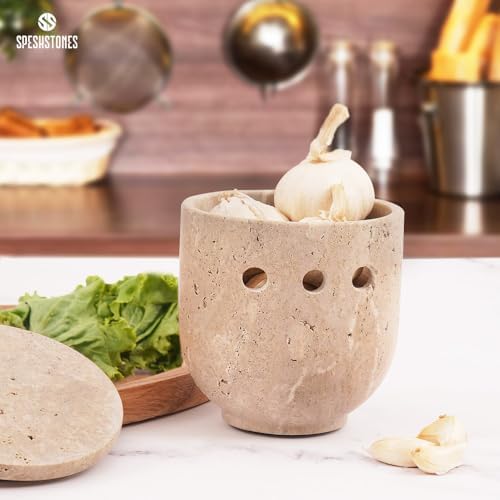Travertine Garlic Keeper With Lid for Kitchen Counter Decor