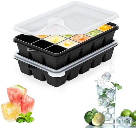 Silicone Ice Cube Trays, Easy Release Ice Cube Molds with Removable Lid, Freezer Stackable Ice Trays for Whiskey, Cocktail, Drinks and Food, Freezer, BPA Free