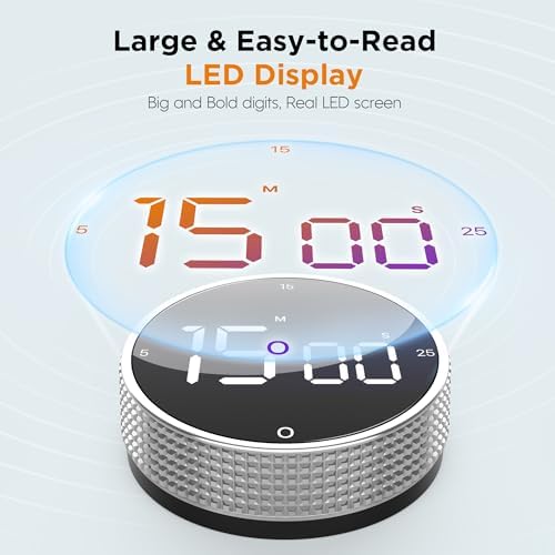 Digital Kitchen Timer - Magnetic Countdown Count Up Clock with Large LED Display, 5/15/25 Min Presets, 3 Volume Levels, Rotary Dial for Cooking, Productivity, Classroom, Fitness (1, Silver)