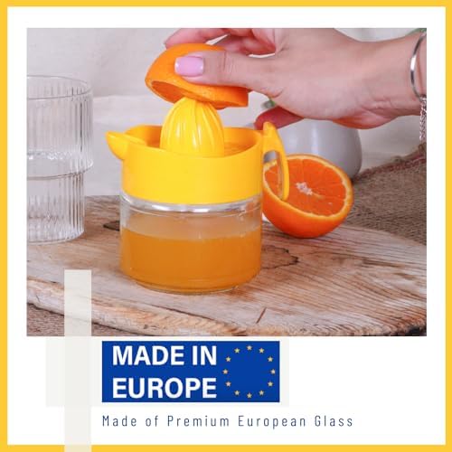 Glass Lemon Juicer, Small Grapefruit and Citrus Juicer, Extractor Manual Hand with Handle and Pour Spout, BPA Free and Lead-Free Heavyweight Crystal Clear Glass 10.1oz (Yellow)