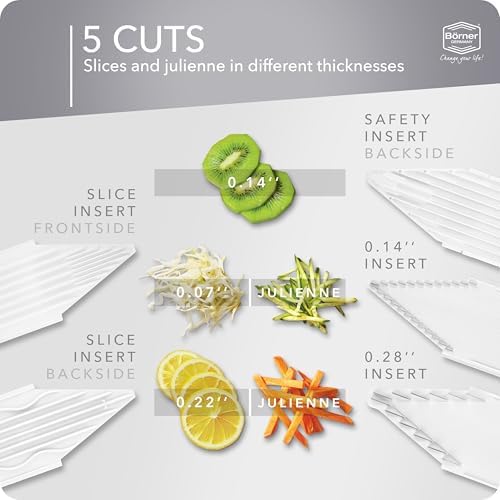 Mandoline Food Slicer Börner V1 (Profi Set) by Reston Lloyd • V-Slicer with 4 Inserts, Docking Station & Food Holder • Made in Germany • Fruit & Vegetable Chopper • Multiple Settings • Color: White