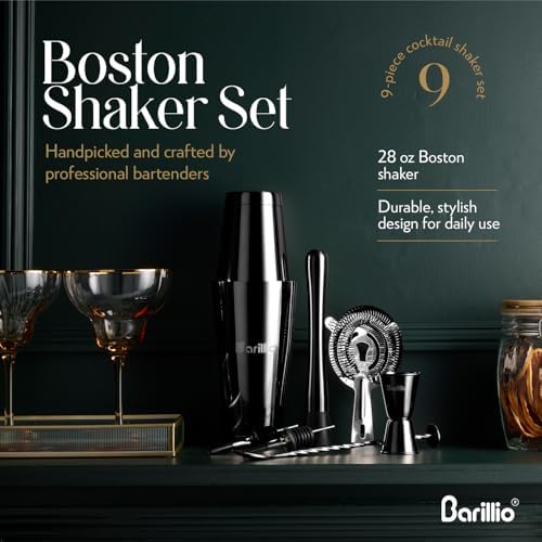 Barillio Black Boston Shaker Set - Stainless-Steel, Weighted Martini Cocktail Shaker Set w/Strainer & Mixer - Mixology Bartender Kit - Bar Set for the Home - 9-pc Drink Set - Bar Tools