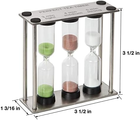 Lily's Home 3.75" Tall 3-in-1 Perfect Tea Timer, Includes 3, 4, and 5 Minute Sand Hourglass Timers, Use for Making Tea or Keeping Time Around The Kitchen, Brushed Stainless Steel Frame