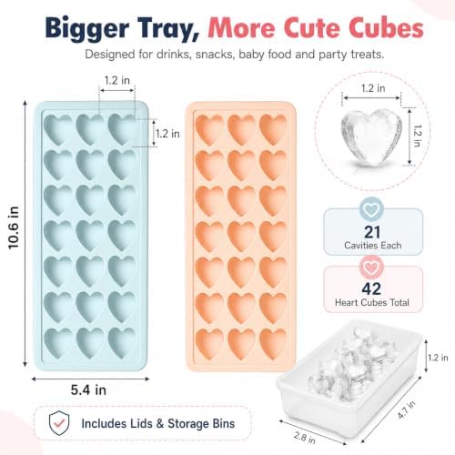 2 Pack Heart Shpaed Ice Cube Trays with Lids, 42 Holes Silicone Heart Ice Cube Molds for Whiskey, Cocktail, Fun Shapes Ice Cubes, Chocolate, Candle, Candy, Jelly, Jello - with Lids Bins