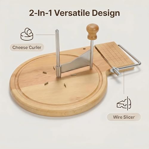 2-in-1 Cheese Slicer, Cheese Board with Curler and Wire Slicer, Thick Beech Wood Cheese Serving Board Set with Stainless Steel Blade, Countertop Girolle Cheese Shaver for Entertaining, 11.6 Inch