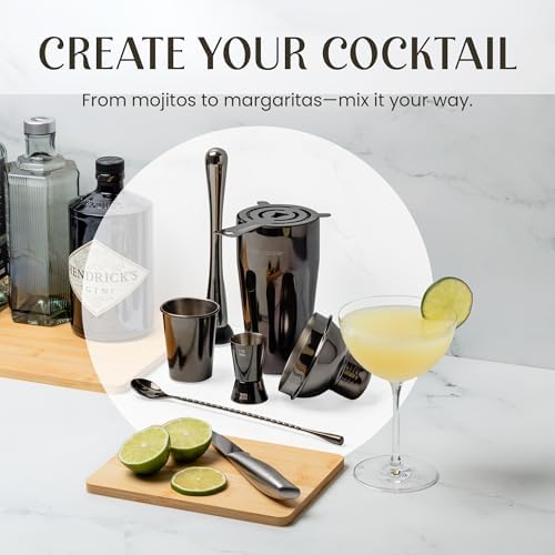 Modern Mixology Pro-Graded Cocktail Shaker Set with Stand | Complete Bartender Kit | 24oz Martini Shaker, Jigger, Strainer, Bar Spoon, Tongs, Opener, Muddler, Home Bar Essentials