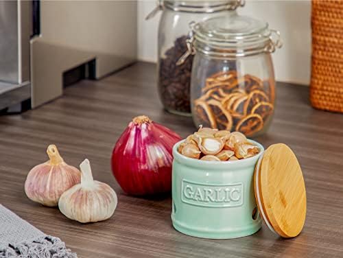 ONEMORE Garlic Keeper for Counter, Garlic Holder Countertop Storage Container, Garlic Saver Keeper with Lid, Ceramic Garlic Jar for Kitchen, Mint Green