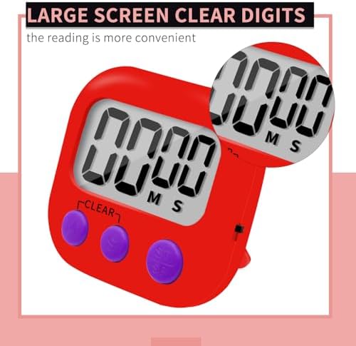 6 Pack Small Digital Kitchen Timer Magnetic Back and ON/Off Switch,Minute Second Count Up Countdown (Red)