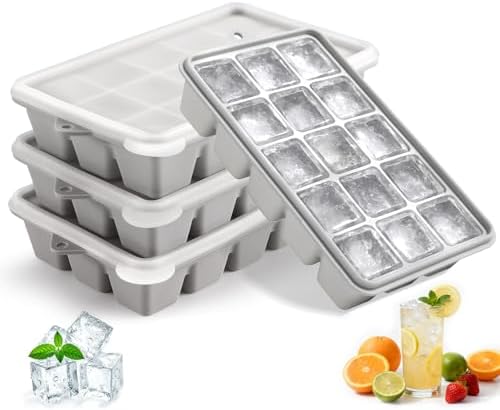 Silicone Ice Cube Trays with Lid, Set of 4, Easy Release Ice Molds, Reusable and Stackable Ice Trays for Freezer for Cocktail, Whiskey, Baby Food, BPA Free (gray)