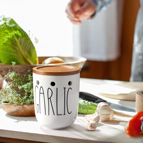 Ceramic Garlic Keeper for Counter, Large Garlic Holder with Acacia Wood Lid, Farmhouse Garlic Storage Container, Garlic Saver for Kitchen, White