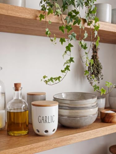 Ceramic Garlic Saver Container with Wood Lid (White)
