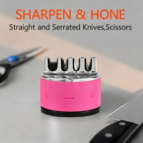 VIRO Compact Suction Kitchen Chef Knife Scissors Sharpener for Straight & Serrated Knives, 4-Stage Knife Sharpening Tool Helps Repair and Restore Blades, Rose Pink