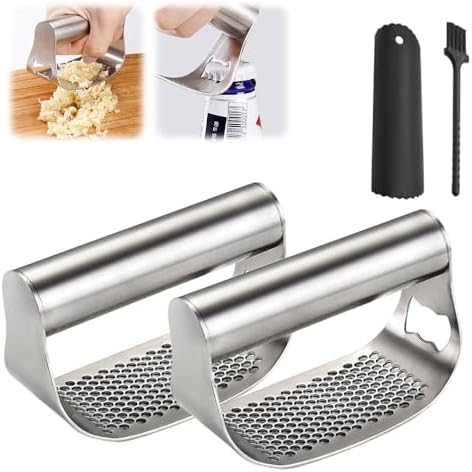 Garlic Press Garlic Presser,2026 Stainless Steel Garlic Presser Bottle Opener Mincer Crusher with Peeler and Cleaning Brush,Multifunctional Kitchen Gadget Garlic Mincer for Woman (B/2PCS)