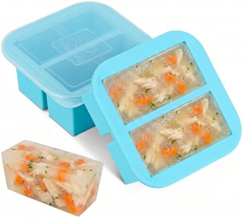 Silicone Freezer Tray with Lid 2 Pack Silicone Freezer Molds Ice Cube Tray Makes 4 Perfect 1 Cup Portions Soup Cubes Meal Prep Containers- Oven & Dishwasher Safe