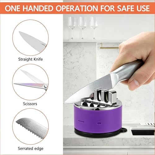 VIRO Compact Suction Kitchen Chef Knife Scissors Sharpener for Straight & Serrated Knives, 4-Stage Knife Sharpening Tool Helps Repair and Restore Blades (Purple)