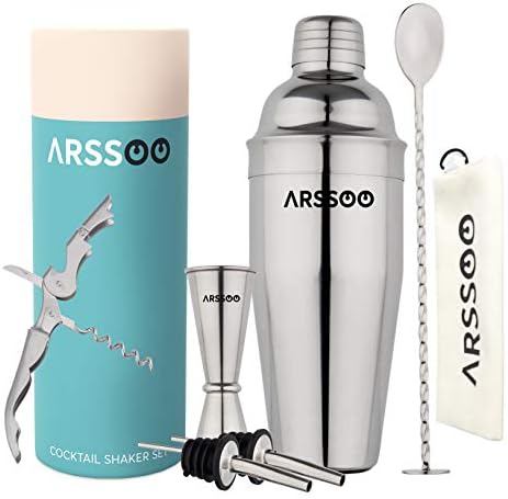 Cocktail Shaker Set: 7-Piece Stainless Steel 25.3OZ Martini Shaker Mixology Bartender Kit | Perfect Home Professional Bar Tools for Beginner's Drink Mixing & Gifts | ARSSOO Drink Shaker Gift (Silver)