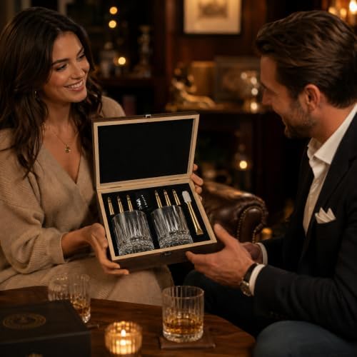 Gifts for Men Dad - Whiskey Glass Set with 6 Gold Bullet Whiskey Stones，Luxury Whiskey Set，Cool Bourbon Gifts for Men，Cool Drinking Accessories for Home Bar