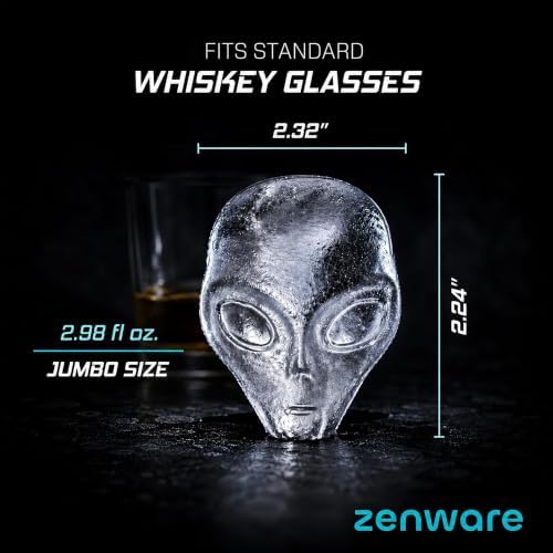 ZENWARE Alien Ice Cube Mold –4 Large 3D Alien Head Ice Cubes (2.32") for Whiskey & Cocktails, Spill-Free Lid, BPA-Free Silicone Tray for Chocolate, Gummies & Resin – Unique Sci-Fi Gift & Bar Accessory