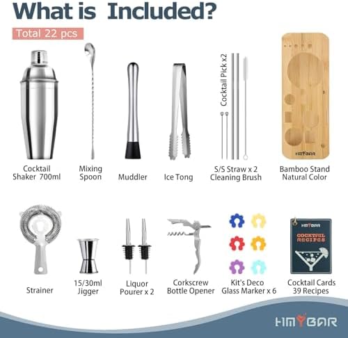 HMYBAR® 22-Piece Cocktail Shaker Set, Mixology Bartender Kit with 24oz Cobbler Shaker, Home Bar Tool Set with Natural Bamboo Stand, 39 Recipe Cards, Glass Markers, Gift for Men & Dad