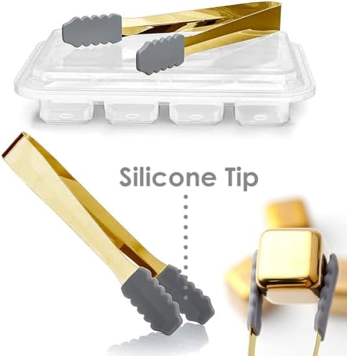 KEISSCO Stainless Steel Chilling Cubes Reusable Ice Cube Whiskey Stones for Drinks Beverage Jumbo Chilling Stones Set with Ice Tongs and Freezer Storage Tray for Whiskey, Gold Color Edition (8 Pack)