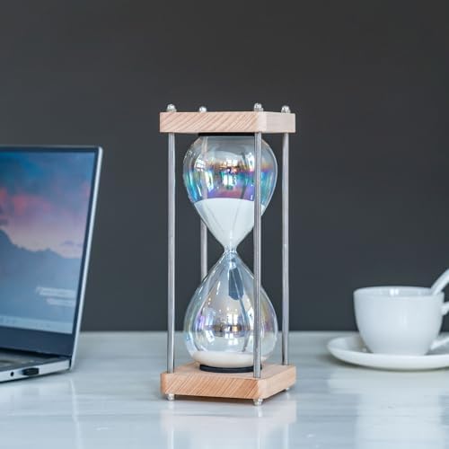 Large 60-Minute Hourglass Sand Timer,Pastel Macaron Glass & Natural Oak Wood Base, Modern Minimalist Office Home Desktop Decor (Macaron White)