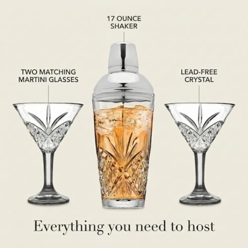 Godinger Cocktail Shaker and Cocktail Glasses Bar Set, Martini Shaker and 2 Martini Glasses Set - Dublin Collection