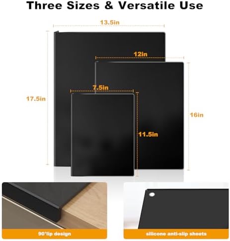 3-Piece Acrylic Cutting Board Set with Counter Lip, 3 Sizes (17.5x13.5/16x12/11.5x7.5Inch) for Kitchen Countertops, Non-Slip Durable Black Countertop Protector, Ideal for Home Decor Housewarming Gifts