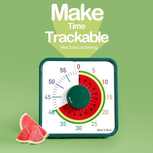 Secura 7.5-Inch Fruit Visual Timer for Kids, 60-Minute Countdown Timer for Classroom or Kitchen, Durable Mechanical Timer Clock with Magnetic Backing (Watermelon)