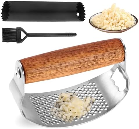Garlic Press Rocker, 2025 New Manual Stainless Steel Garlic Presser Rocker, Crusher Masher with Garlic Peeling Drum Brush for Home Kitchen Utensils (1)