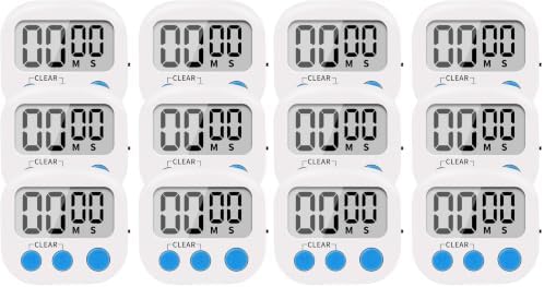 LinkDm 12 Pack Small Digital Kitchen Timer Magnetic Back and ON/Off Switch,Minute Second Count Up Countdown, White