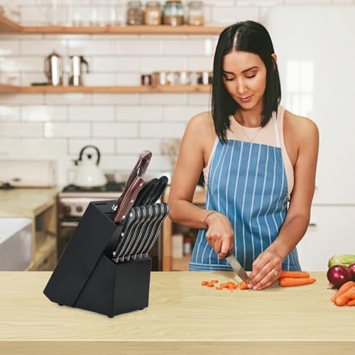 Wood Kitchen Knife Block, Universal Kitchen Knife Holder Kitchen Knife Storage Rack 14 Slots Knife Holder (Black)