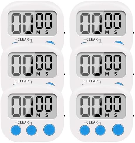 LinkDm 6 Pack Small Digital Kitchen Timer Magnetic Back and ON/Off Switch,Minute Second Count Up Countdown, White