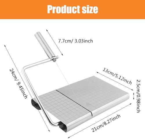Stainless Steel Cheese Slicer Cutter with Wire - Adjustable Board & 6 Replacement Wires, Perfect for Cheese, Butter, Veggies & Sausage (Silver)