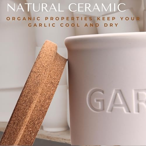 Okavango Garlic Keeper - White Ceramic Container with cork lid - Garlic Storage - Garlic Holder Countertop - Garlic Jar -Saver - Bowl - Garlic Cellar (White, 16oz)