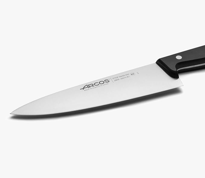 Arcos Chef Knife 8 Inch Stainless Steel. Cooking Knife to Cut Meat, Fish, Poultry, Fruit and Vegetables. Ergonomic Polyoxymethylene Handle and 200mm Blade. Series Universal. Color Black