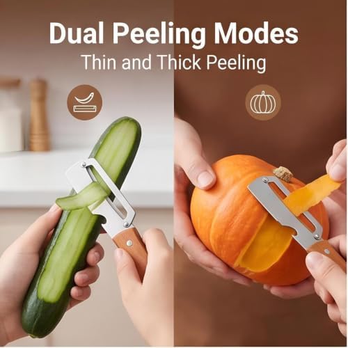 2026 Upgrade 2-in-1 & 3-in-1 Vegetable Peeler Set with Wooden Handle, Built-in Scallion Shredder & Bottle Opener, Multi-Functional Fruit & Veggie Peeler for Home Cooking